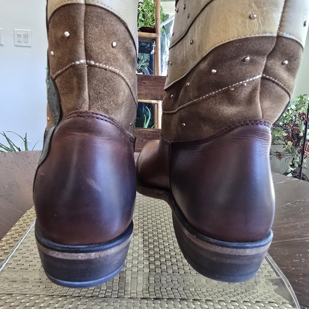 NWOB Frye Brown & Tan Western Cactus Embroidered Heeled Boots - Picture 8 of 12